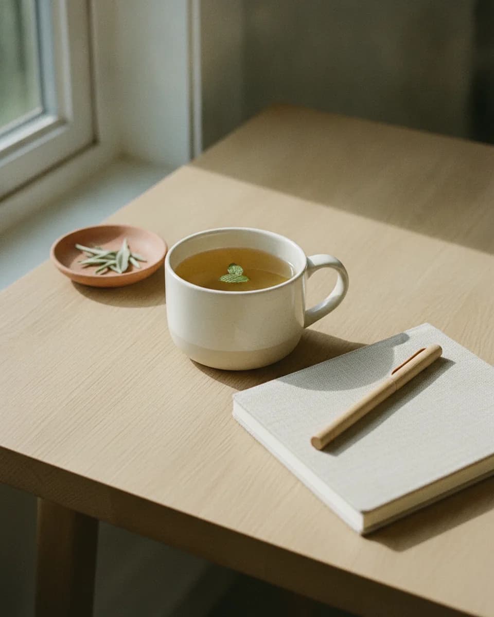 A cup of tea next to an open notebook on a table