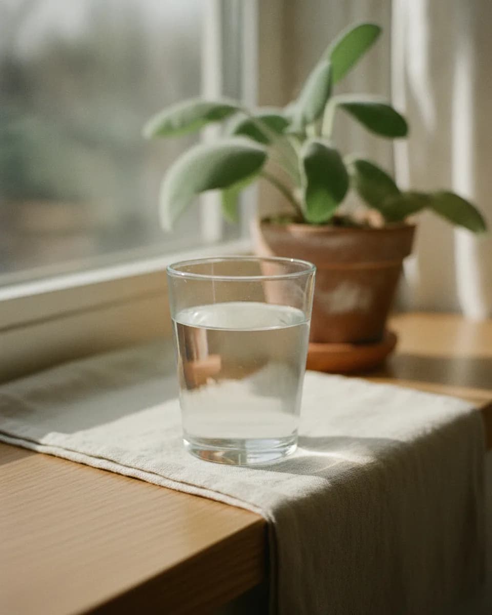 A clear glass of water resting on a wooden surface