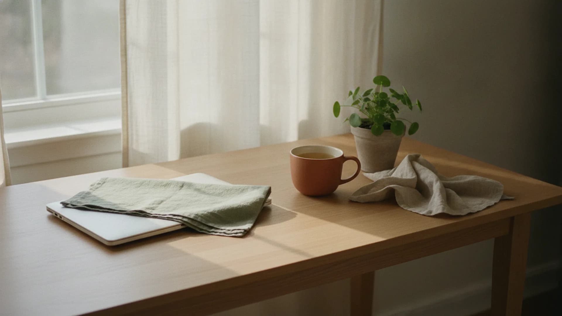 A laptop on a wooden table beside a cup of tea and a window with soft light